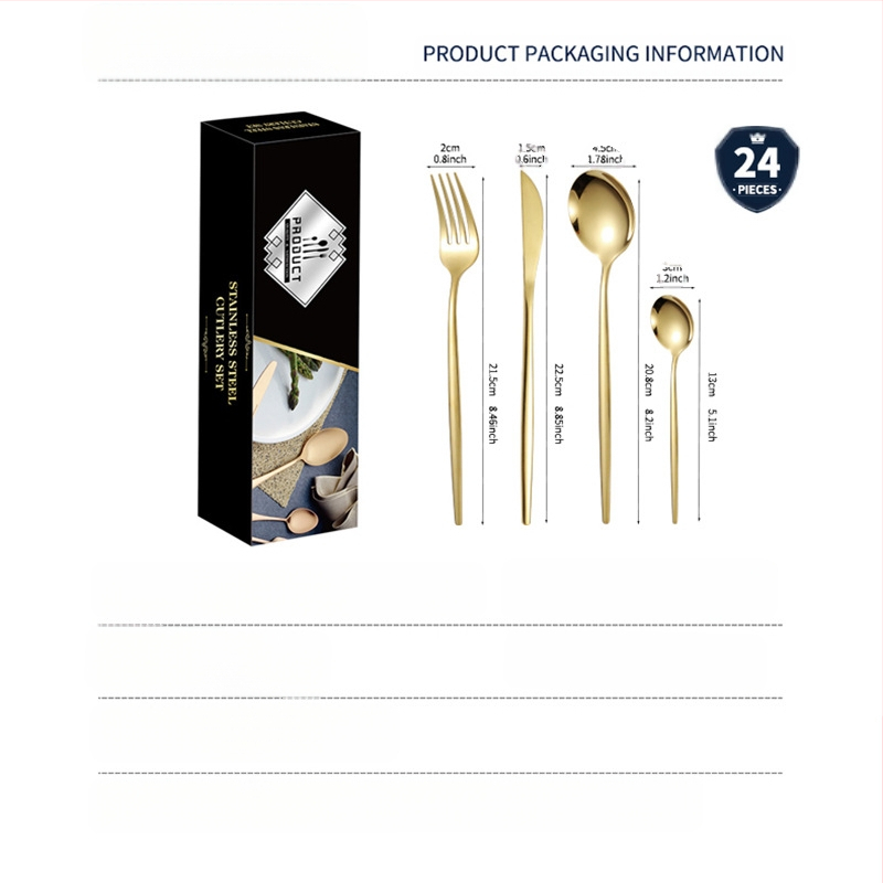 24 dalių auksinių, pasienio stiliaus „Amazon“ portugališkų stalo įrankių rinkinys, ryškus kepsnio peilis, šakutė ir šaukštas, vertingi stalo įrankiai