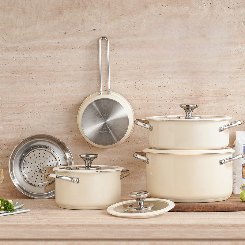 304 nerūdijančio plieno keraminis lakuotas pieno sriubos puodas, garintuvas, silikoninis stiklinis dangtis, mažas puodas, restorano virtuvė