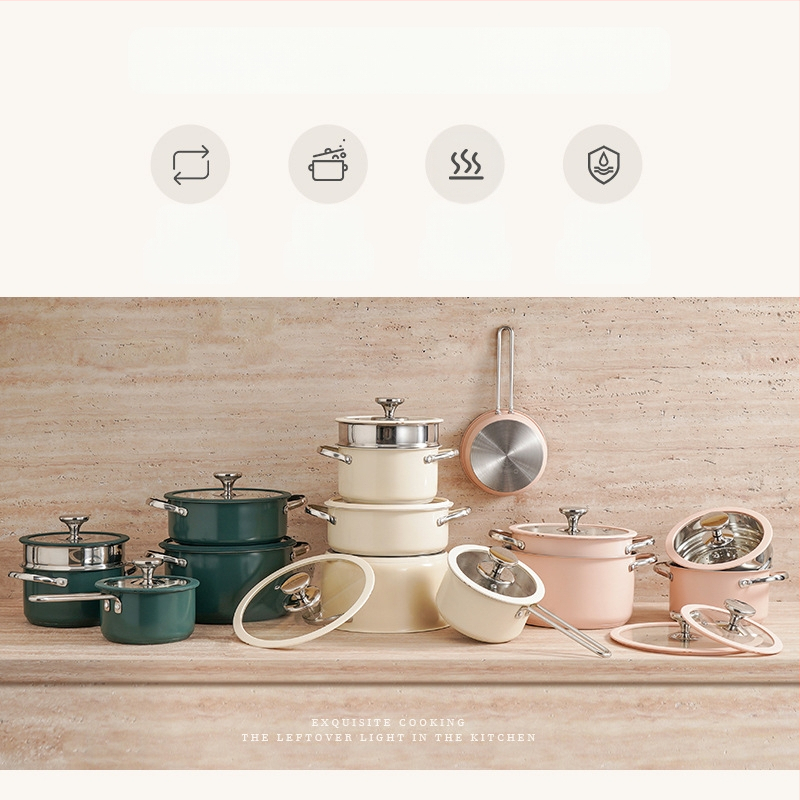 304 nerūdijančio plieno keraminis lakuotas pieno sriubos puodas, garintuvas, silikoninis stiklinis dangtis, mažas puodas, restorano virtuvė