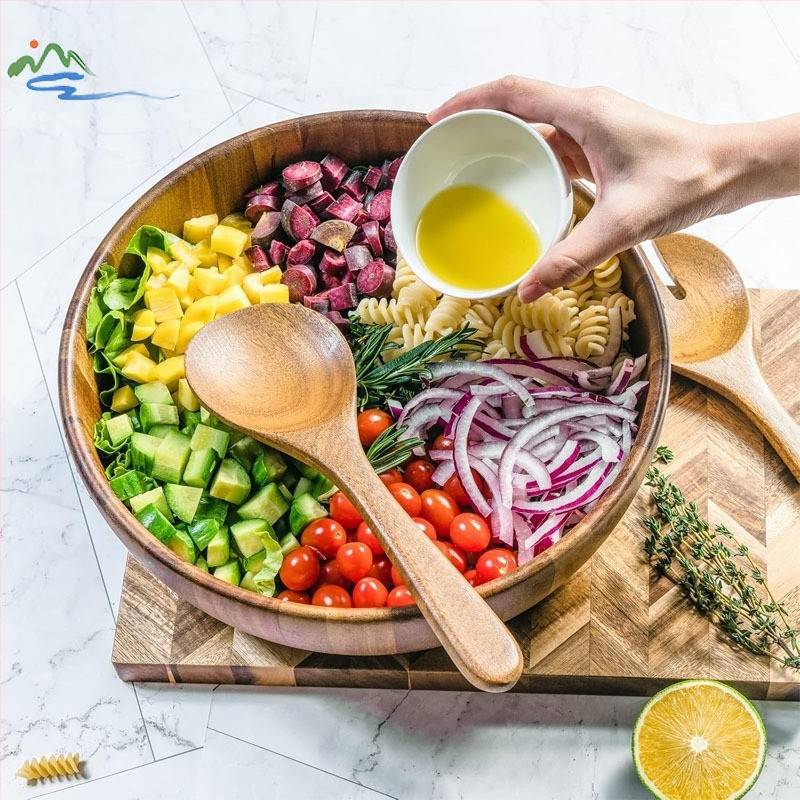 Akácfa salátástál otthoni használatra, természetes bambusztál, extra nagy fa tésztatál, gyermek leesés- és forrázásgátló tál