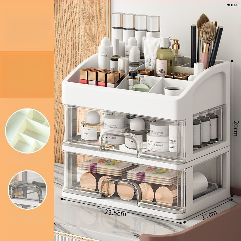 Kozmetikai tárolódoboz, átlátszó asztali fiókos, porálló bőrápoló fésülködőasztal, nagy kapacitású kollégiumi sminkdoboz