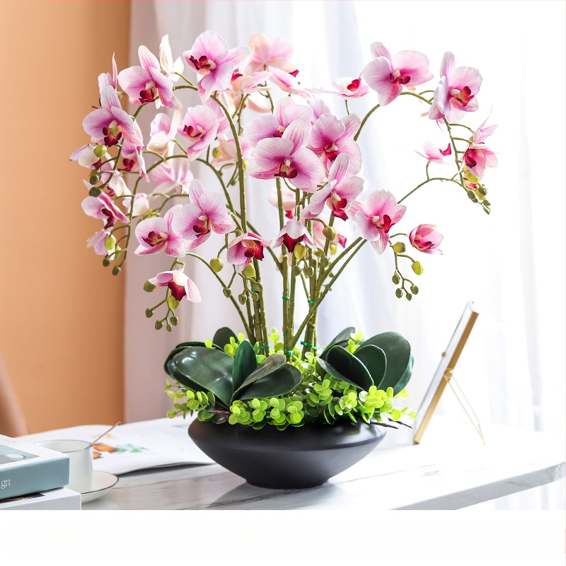 Nagy, kézzel tapintható pillangó orchidea szett nappali bejárat recepció hamis virágdíszek virágkompozíció dekoratív virágcserép