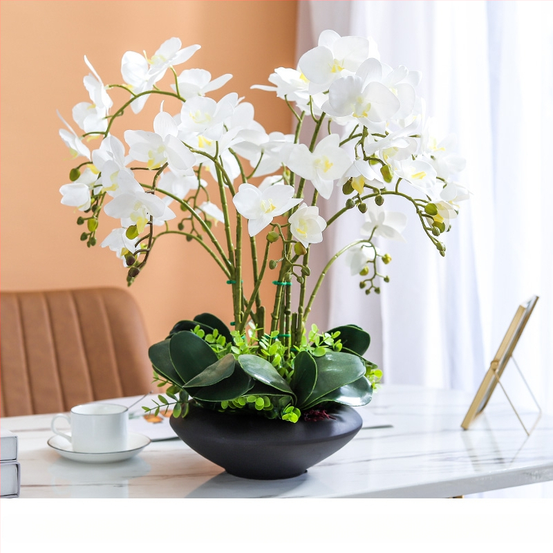 Nagy, kézzel tapintható pillangó orchidea szett nappali bejárat recepció hamis virágdíszek virágkompozíció dekoratív virágcserép