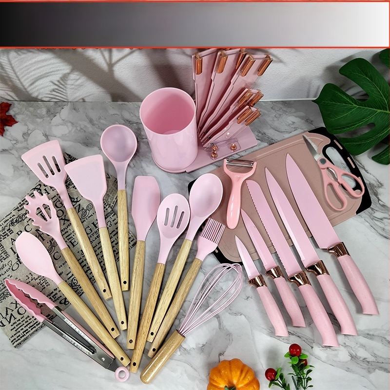 Piiriüleselt hangitud roosakuldne 20-osaline majapidamisriistade komplekt, silikoonist kaabits, õlipintsel, munavahustaja, 19-osaline komplekt