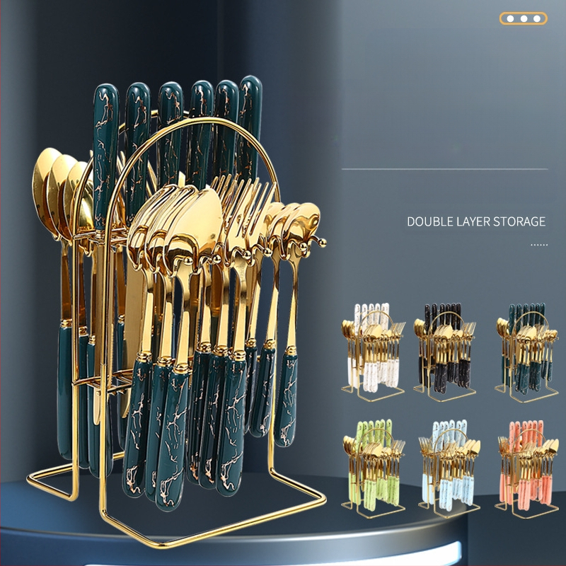 24 dalių nerūdijančio plieno stalo įrankių rinkinys, naujas, paauksuotas, keraminis peilių, šakučių ir šaukštų laikymo stovas, dovanų dėžutė.