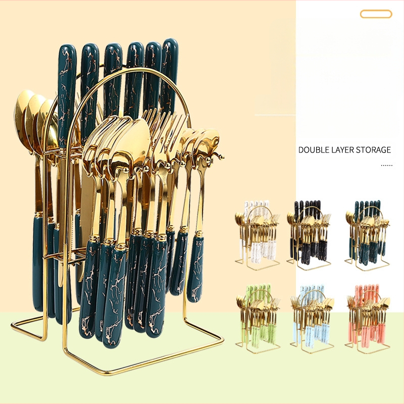 24 dalių nerūdijančio plieno stalo įrankių rinkinys, naujas, paauksuotas, keraminis peilių, šakučių ir šaukštų laikymo stovas, dovanų dėžutė.