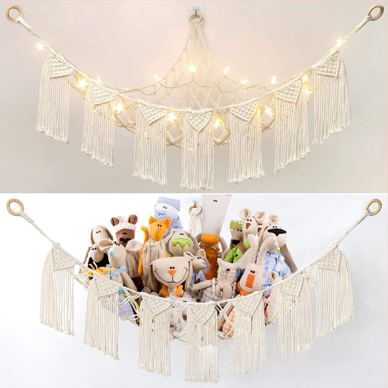 Käsitsi kootud puuvillast köiest seinatasku, Põhjamaade stiilis kolmnurkne seinamänguasi, võrktasku, puuvillast köiest tutiga rippkorv, võrktasku, ajakirjade hoiustamine