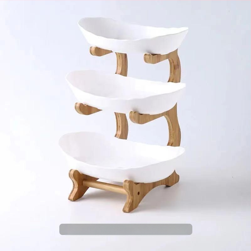 Kūrybinga trijų sluoksnių daugiasluoksnė vaisių lėkštė, europietiška keraminė sausų vaisių lėkštė, bambuko medinė lentynėlė, buitinių užkandžių lėkštė, saldainių padėklas, vaisių krepšelis