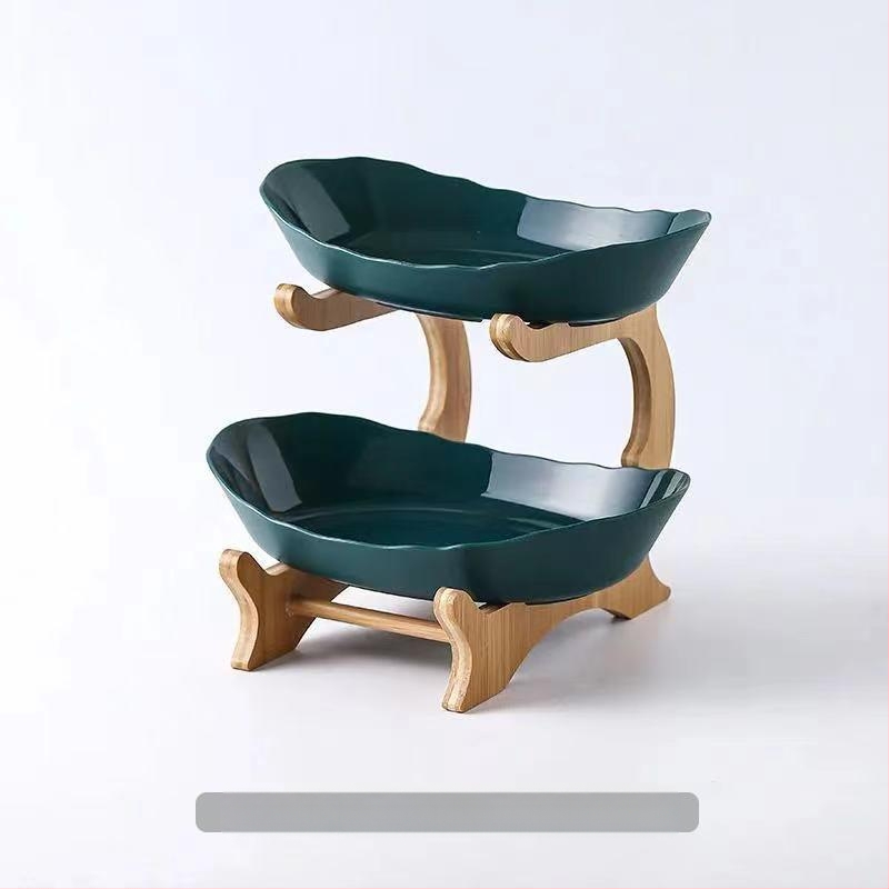 Kūrybinga trijų sluoksnių daugiasluoksnė vaisių lėkštė, europietiška keraminė sausų vaisių lėkštė, bambuko medinė lentynėlė, buitinių užkandžių lėkštė, saldainių padėklas, vaisių krepšelis