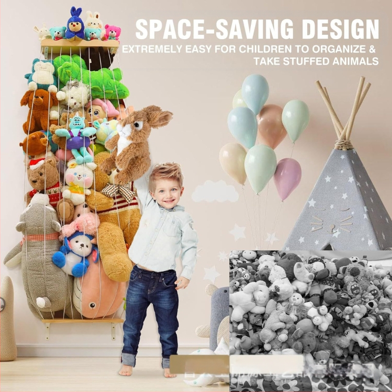 Plüssállat-tároló, fa sarok, plüssjáték-tároló állvány csillagmintával, állítható hosszúságú, függő tárolóállvány