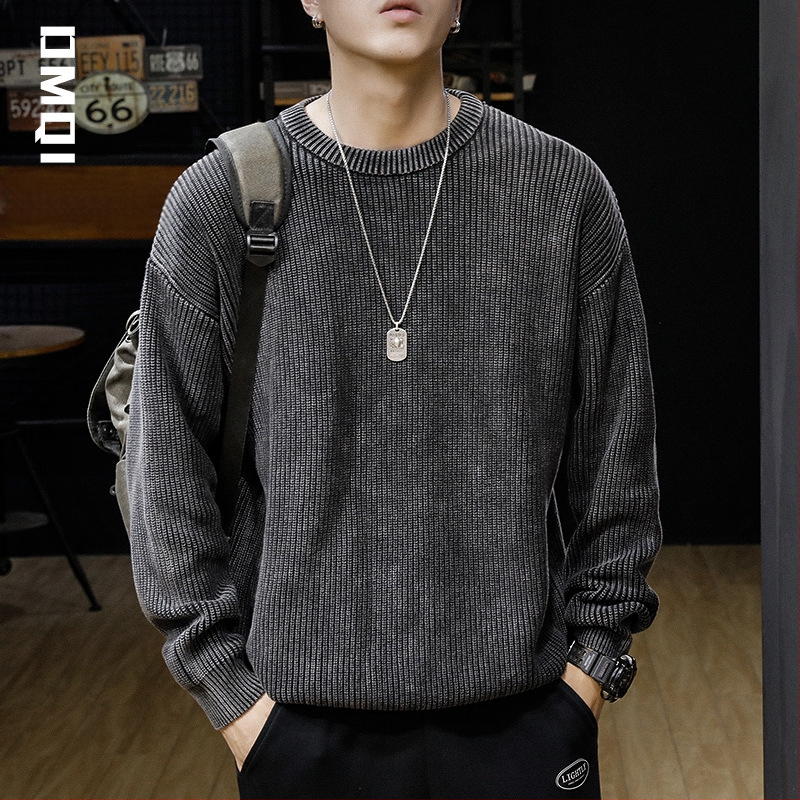 Téli, iparilag mosott, amerikai stílusú, retró, 8-as vastag tűs, fekete, kerek nyakú férfi pulóver, plus size, műtrágyamentes pulóver