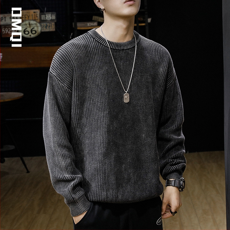 Téli, iparilag mosott, amerikai stílusú, retró, 8-as vastag tűs, fekete, kerek nyakú férfi pulóver, plus size, műtrágyamentes pulóver