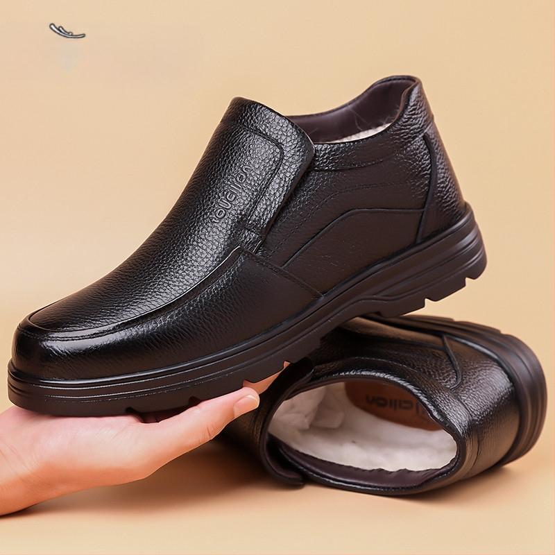 Gyárilag közvetlen első rétegű marhabőr pamut téli polár bélésű meleg bőr középkorú és idős apáknak való vastagított téli csúszásgátló pamut cipő