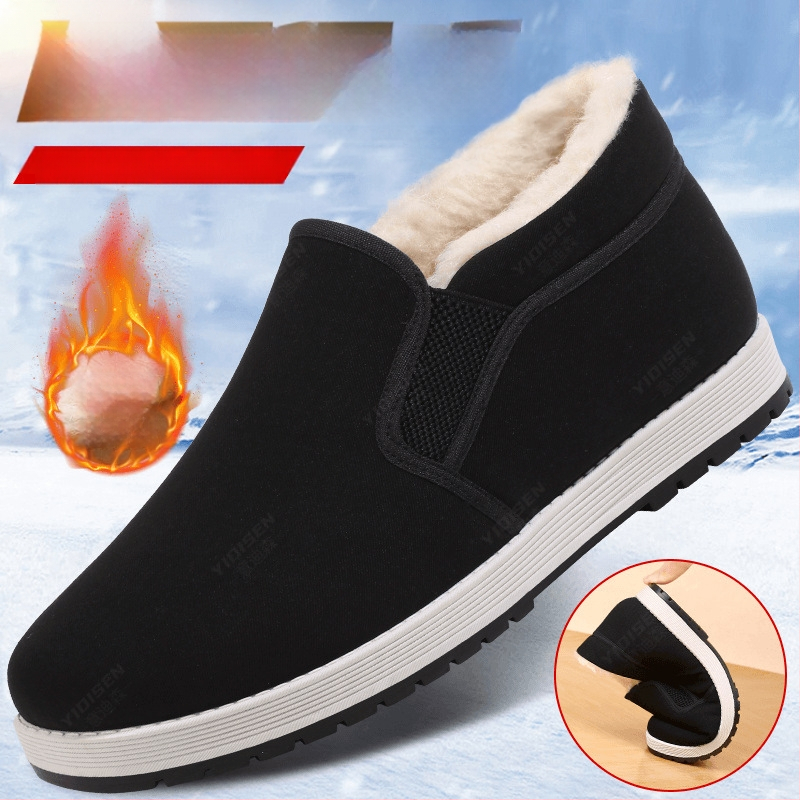 Régi pekingi szövetcipő, férfi téli, gyapjúbéléssel ellátott, meleg pamutcipő, puha talpú, pamutcipő időseknek, bebújós, vastagított apacipő