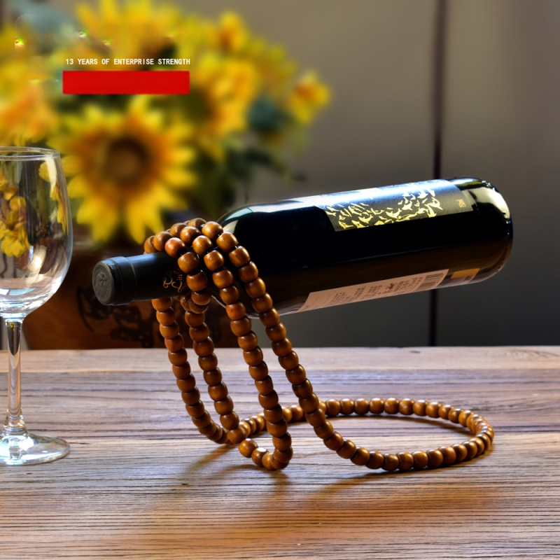 Elegáns, kreatív, fagyöngyös vörösbortartó, kínai vintage, tömörfa gyöngyökből készült láncos kézműves díszek, asztali bortartó dekoráció