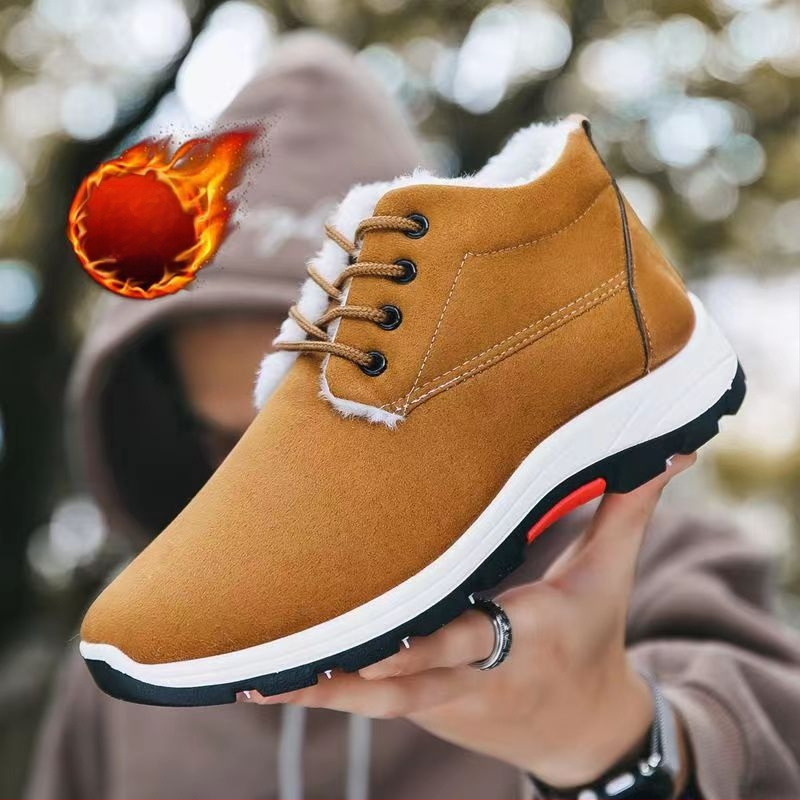 Férfi téli pamutcipő polár béléssel, vastagított a meleg érdekében, hétköznapi, magas szárú, csúszásgátló, egyszínű, puha talpú hótaposó