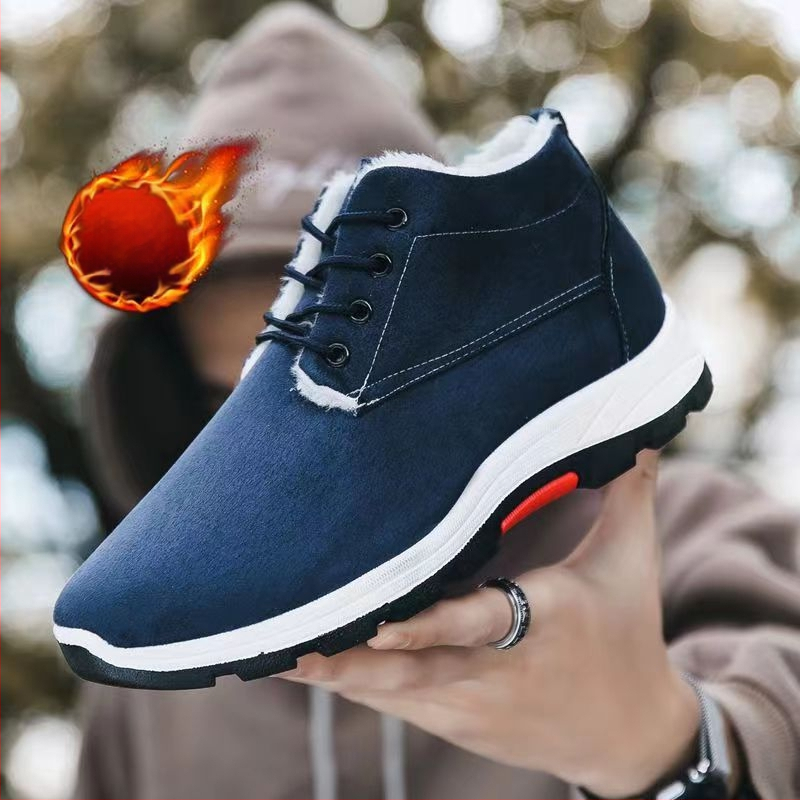 Férfi téli pamutcipő polár béléssel, vastagított a meleg érdekében, hétköznapi, magas szárú, csúszásgátló, egyszínű, puha talpú hótaposó