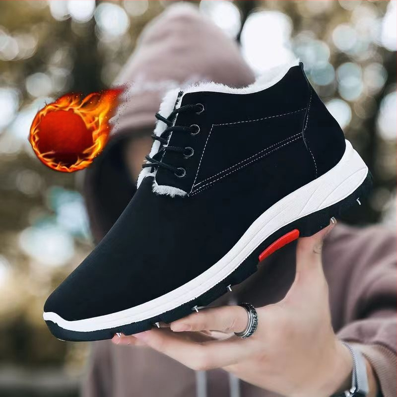 Férfi téli pamutcipő polár béléssel, vastagított a meleg érdekében, hétköznapi, magas szárú, csúszásgátló, egyszínű, puha talpú hótaposó