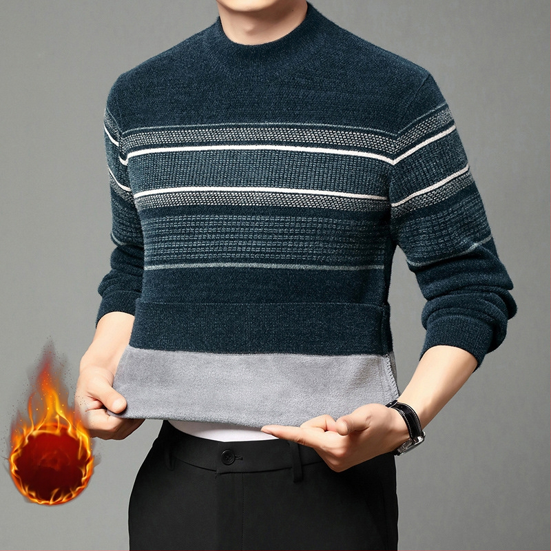 Ferret bársony pulóver férfi téli polár bélésű meleg kötött pulóver középkorú hétköznapi fél garbó csíkos apuka felső