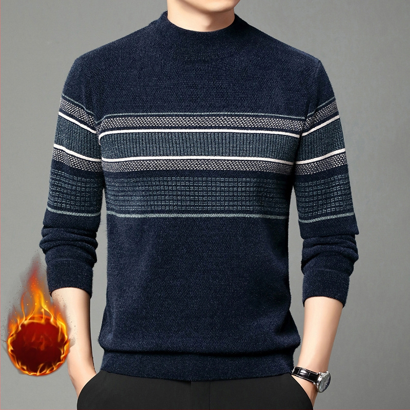 Ferret bársony pulóver férfi téli polár bélésű meleg kötött pulóver középkorú hétköznapi fél garbó csíkos apuka felső