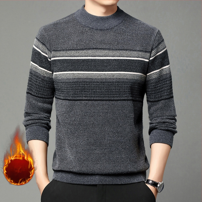 Ferret bársony pulóver férfi téli polár bélésű meleg kötött pulóver középkorú hétköznapi fél garbó csíkos apuka felső