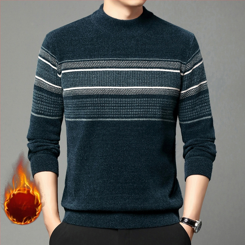 Ferret bársony pulóver férfi téli polár bélésű meleg kötött pulóver középkorú hétköznapi fél garbó csíkos apuka felső