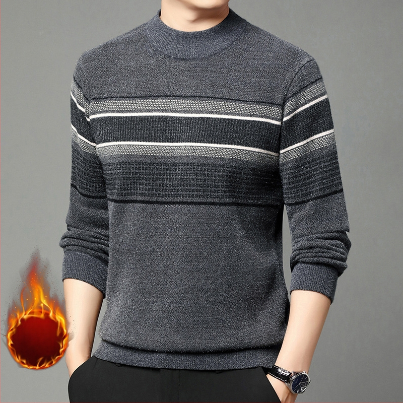 Ferret bársony pulóver férfi téli polár bélésű meleg kötött pulóver középkorú hétköznapi fél garbó csíkos apuka felső