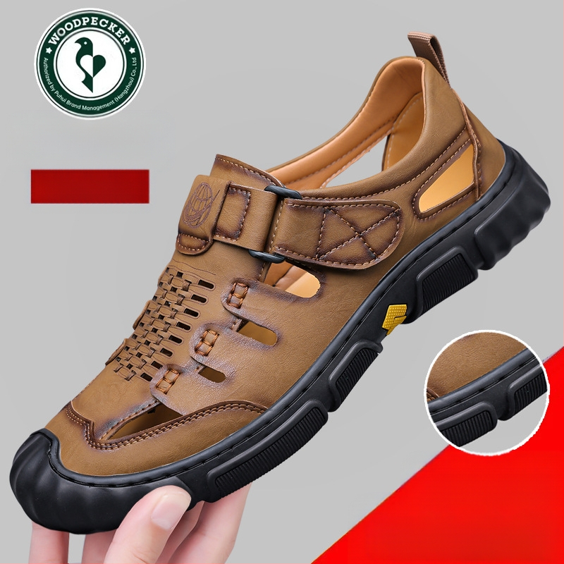 Harkály szandál férfi nyári új valódi bőr üreges lyukú cipő férfi szabadtéri alkalmi bőr cipő puha talpú férfi cipők