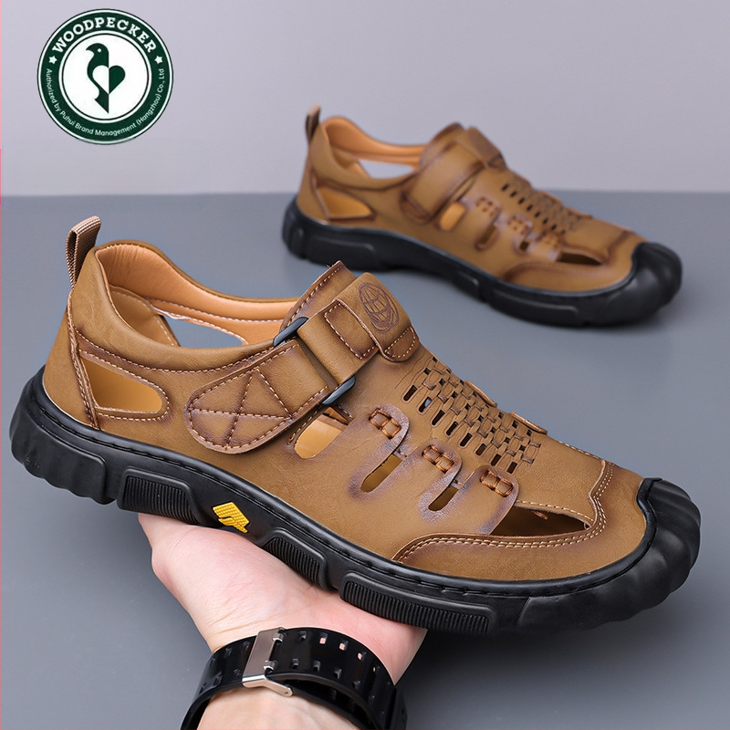 Harkály szandál férfi nyári új valódi bőr üreges lyukú cipő férfi szabadtéri alkalmi bőr cipő puha talpú férfi cipők