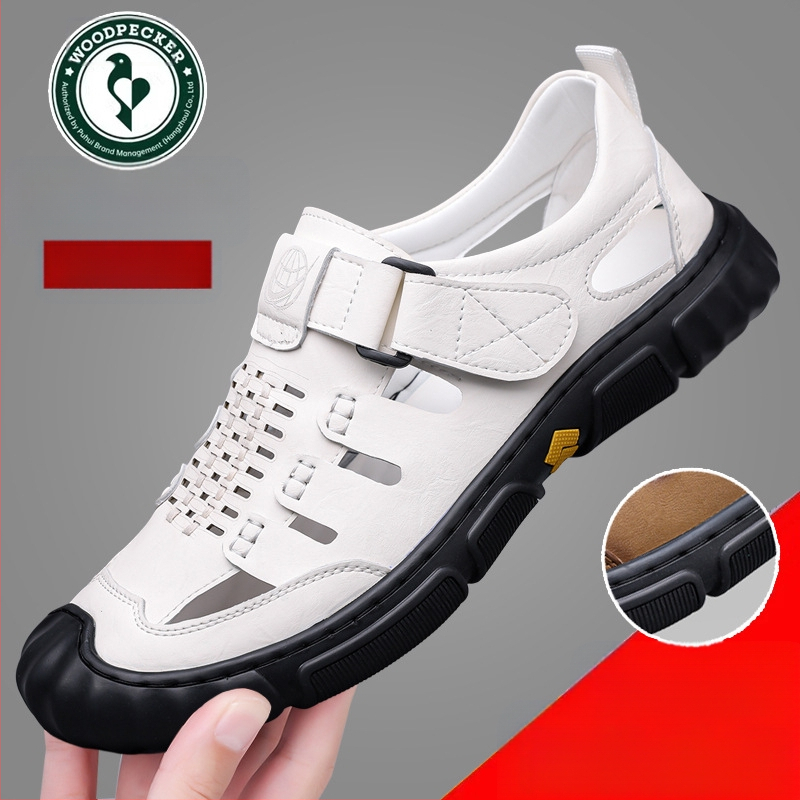 Harkály szandál férfi nyári új valódi bőr üreges lyukú cipő férfi szabadtéri alkalmi bőr cipő puha talpú férfi cipők