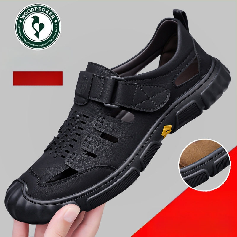 Harkály szandál férfi nyári új valódi bőr üreges lyukú cipő férfi szabadtéri alkalmi bőr cipő puha talpú férfi cipők