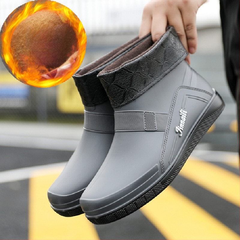 Sügis- ja talvised fliisvoodriga soojad madala säärega kummikud meeste lühikesed kummikud köögitöö veekindlad kingad meeste kummist kingad mood noortele