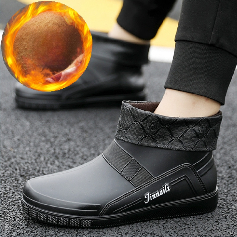 Sügis- ja talvised fliisvoodriga soojad madala säärega kummikud meeste lühikesed kummikud köögitöö veekindlad kingad meeste kummist kingad mood noortele