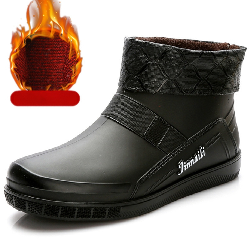 Sügis- ja talvised fliisvoodriga soojad madala säärega kummikud meeste lühikesed kummikud köögitöö veekindlad kingad meeste kummist kingad mood noortele