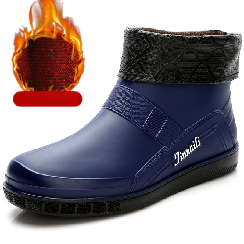 Sügis- ja talvised fliisvoodriga soojad madala säärega kummikud meeste lühikesed kummikud köögitöö veekindlad kingad meeste kummist kingad mood noortele