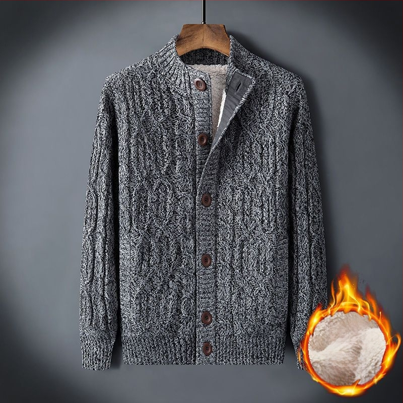 Χονδρικό χειμωνιάτικο ανδρικό πουλόβερ συν βελούδινο ζεστό πουλόβερ με επένδυση σε χαλαρό μέγεθος ρετρό ζακέτα με στρίψιμο, μονόχρωμο ανδρικό