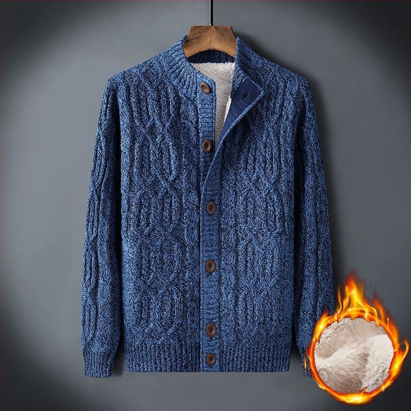 Χονδρικό χειμωνιάτικο ανδρικό πουλόβερ συν βελούδινο ζεστό πουλόβερ με επένδυση σε χαλαρό μέγεθος ρετρό ζακέτα με στρίψιμο, μονόχρωμο ανδρικό