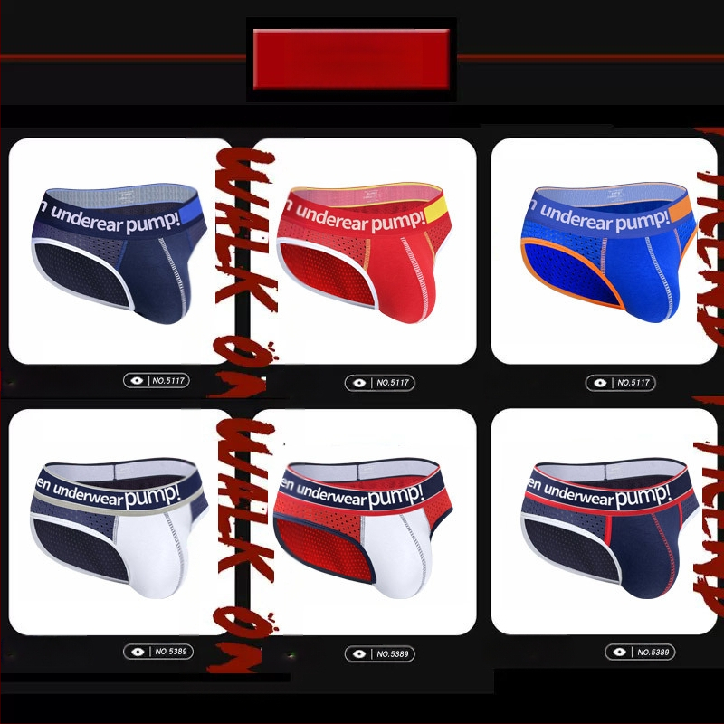 Ploni apatiniai su pumpukais, žemo liemens, aptempti, sėdmenis pakeliantys, madingi spalvų blokų vyriški sportiniai apatiniai, eksportuojamas vienas krepšys.