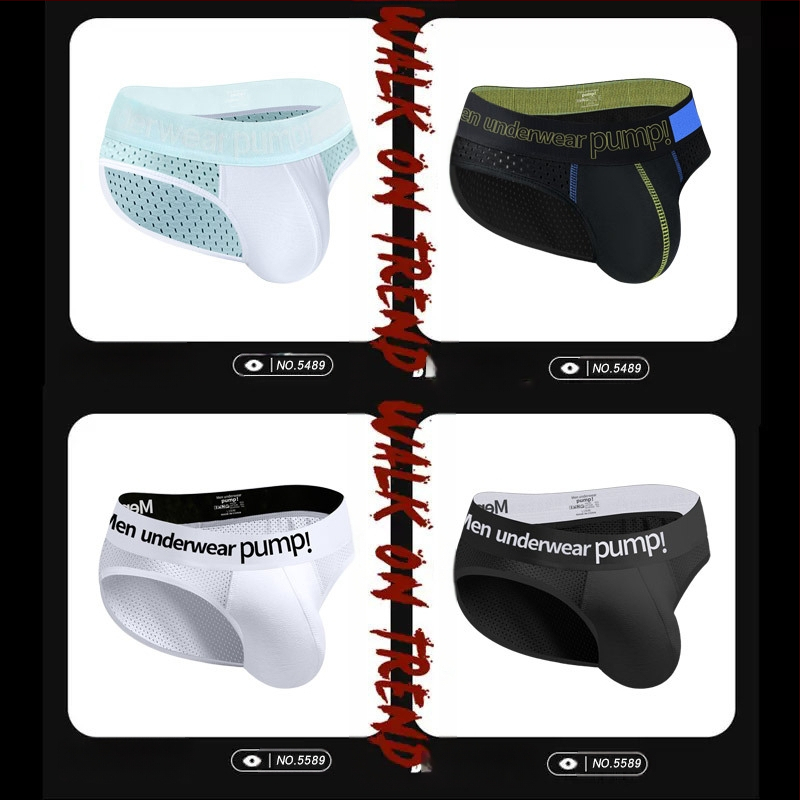 Ploni apatiniai su pumpukais, žemo liemens, aptempti, sėdmenis pakeliantys, madingi spalvų blokų vyriški sportiniai apatiniai, eksportuojamas vienas krepšys.