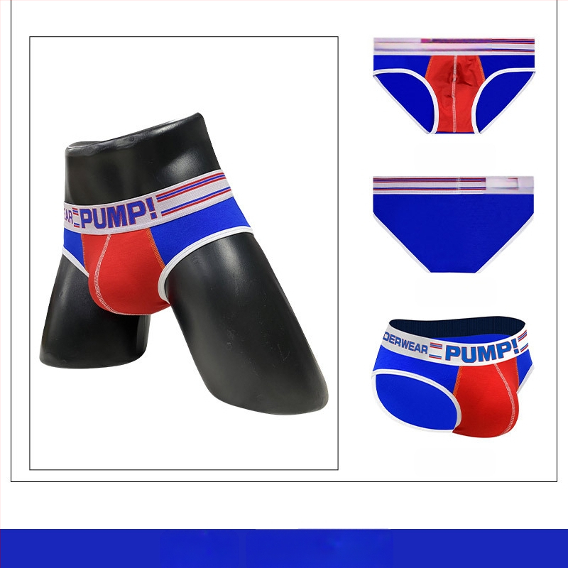 Ploni apatiniai su pumpukais, žemo liemens, aptempti, sėdmenis pakeliantys, madingi spalvų blokų vyriški sportiniai apatiniai, eksportuojamas vienas krepšys.