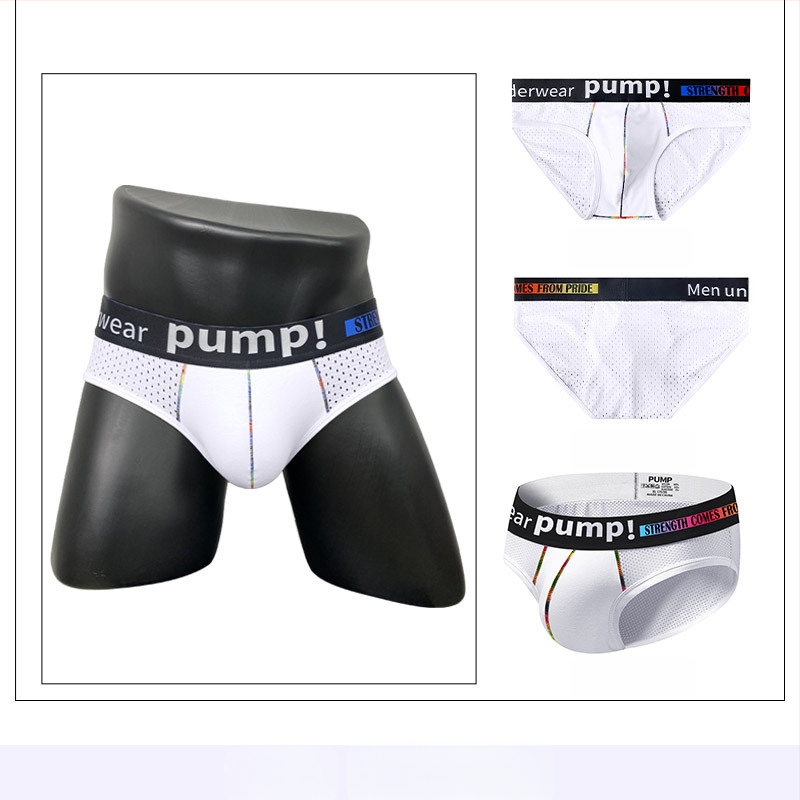 Ploni apatiniai su pumpukais, žemo liemens, aptempti, sėdmenis pakeliantys, madingi spalvų blokų vyriški sportiniai apatiniai, eksportuojamas vienas krepšys.