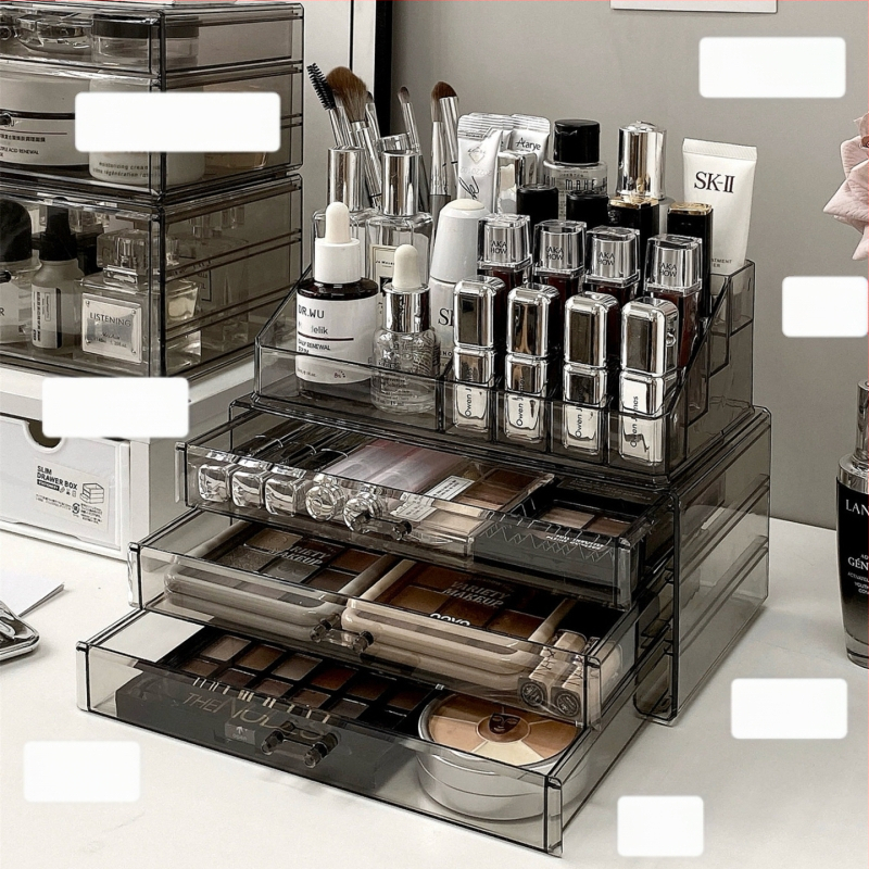 Kosmeetika hoiukarp, lauaarvuti sahtliga tualettlaud, huulepulgakarp, parfüümimask, akrüülist hoiuriiul