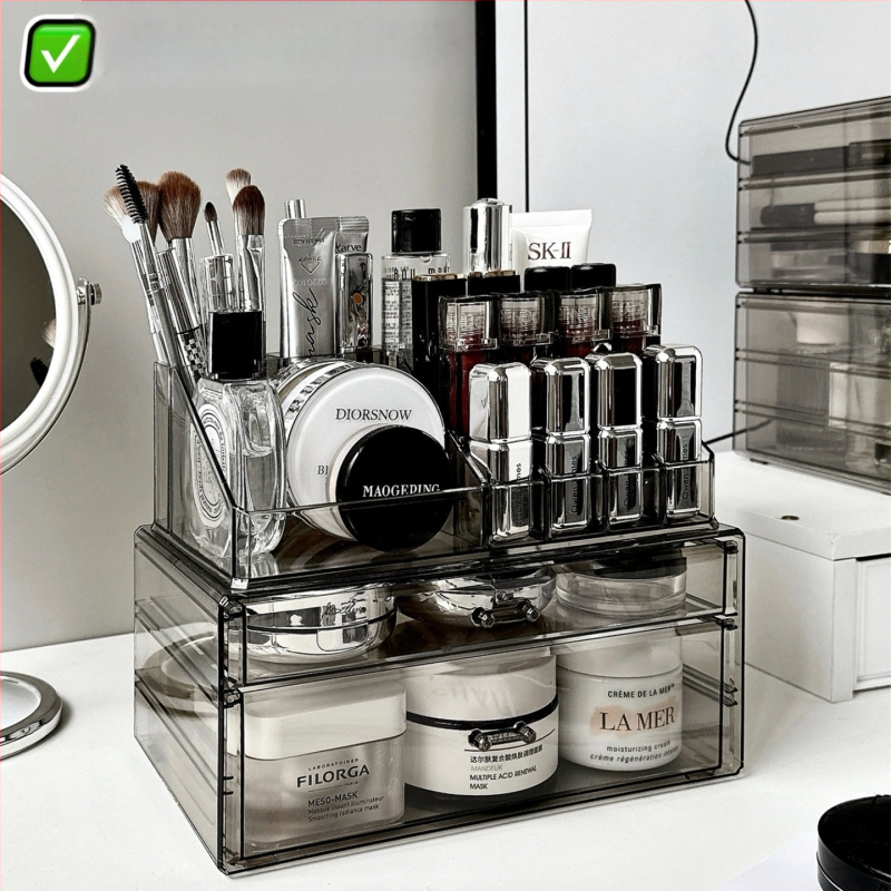 Kosmeetika hoiukarp, lauaarvuti sahtliga tualettlaud, huulepulgakarp, parfüümimask, akrüülist hoiuriiul