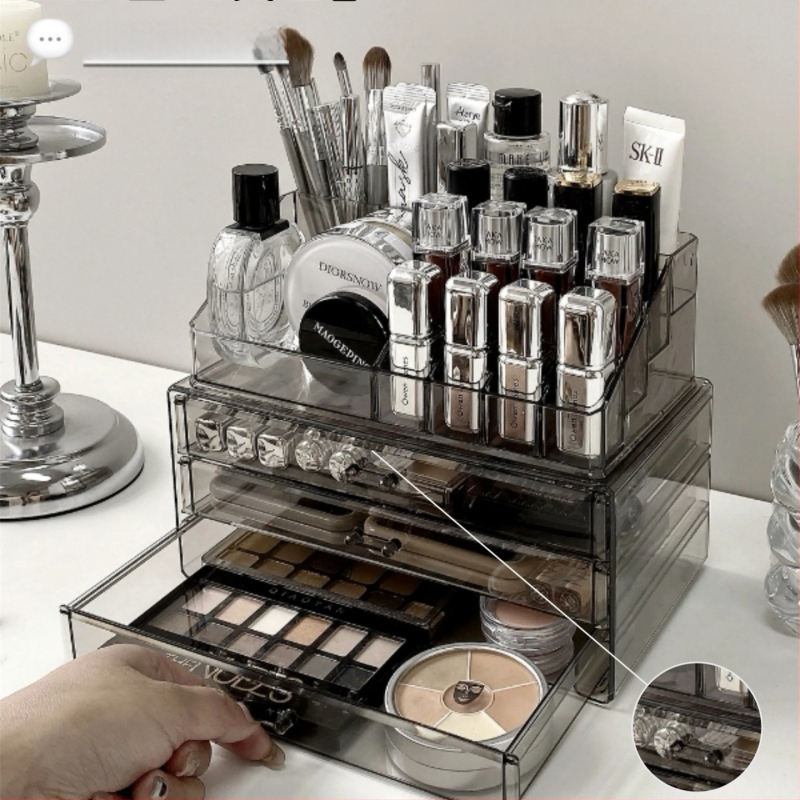 Kosmeetika hoiukarp, lauaarvuti sahtliga tualettlaud, huulepulgakarp, parfüümimask, akrüülist hoiuriiul