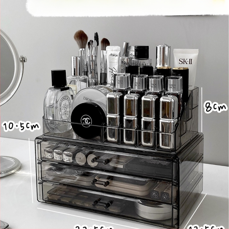 Kosmeetika hoiukarp, lauaarvuti sahtliga tualettlaud, huulepulgakarp, parfüümimask, akrüülist hoiuriiul