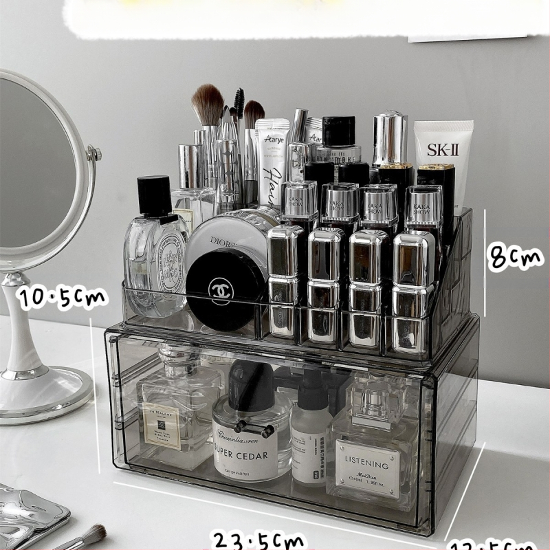Kosmeetika hoiukarp, lauaarvuti sahtliga tualettlaud, huulepulgakarp, parfüümimask, akrüülist hoiuriiul