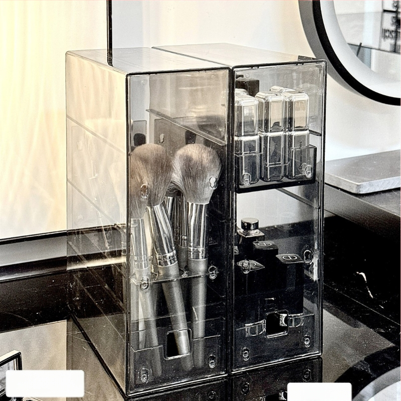 Kosmeetika hoiukarp, lauaarvuti sahtliga tualettlaud, huulepulgakarp, parfüümimask, akrüülist hoiuriiul