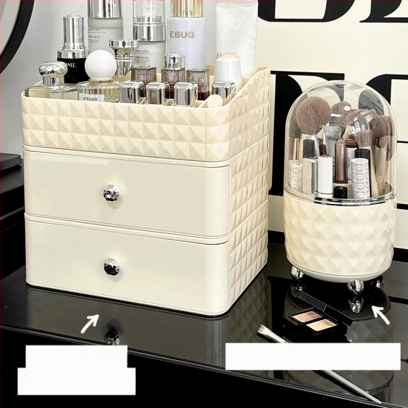 Kosmeetika hoiukarp, lauaarvuti sahtliga tualettlaud, huulepulgakarp, parfüümimask, akrüülist hoiuriiul