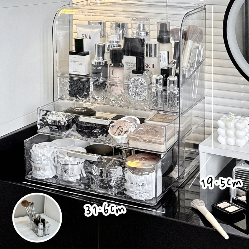Kosmeetika hoiukarp, lauaarvuti sahtliga tualettlaud, huulepulgakarp, parfüümimask, akrüülist hoiuriiul
