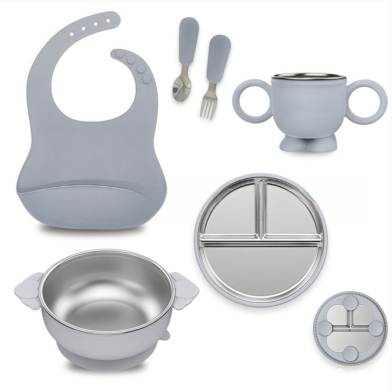 Laste söögitaldrikute komplekt, väikesed lauanõude komplektid, silikoonist, kukkumiskindel, eemaldatav, 304 roostevabast terasest söögitaldrik iminapaga